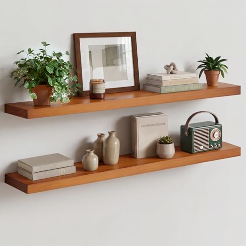 Oak Floating Shelves 42 inch Long, High End Solid Real Wood 42inch Floating Shelf for Wall Mounted, Honey Oak Wooden 42in Floating Shelves, Heavy Duty Bracket, 42 X 6.5 X 1.75 in, Set of 2 - color: Honey Oak - Warm Amber Tone, size: 42 inch