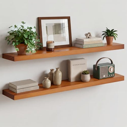 Oak Floating Shelves 42 inch Long, High End Solid Real Wood 42inch Floating Shelf for Wall Mounted, Honey Oak Wooden 42in Floating Shelves, Heavy Duty Bracket, 42 X 6.5 X 1.75 in, Set of 2 - color: Honey Oak - Warm Amber Tone, size: 42 inch