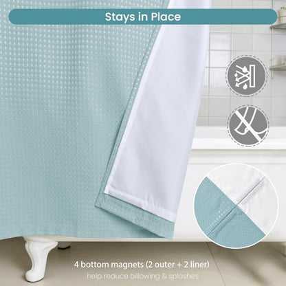 No Hook Shower Curtain Set with Snap-in Detachable Liner, 230 GSM Waffle Weave Fabric, Heavy Duty Water-Repellent, Pale Blue, 72 x 74 Inch - color: Pale Blue, size: 72"W x 74"L (Pack of 1)