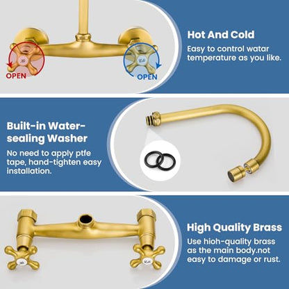 Airuida Antique Brass Wall Mounted Kitchen Faucet,Utility Sink Faucet | 8 Inch Adjustable Center,360° Swivel Spout,Wall Mount Commercial Faucet,Double Cross Handle - color: Antique Brass