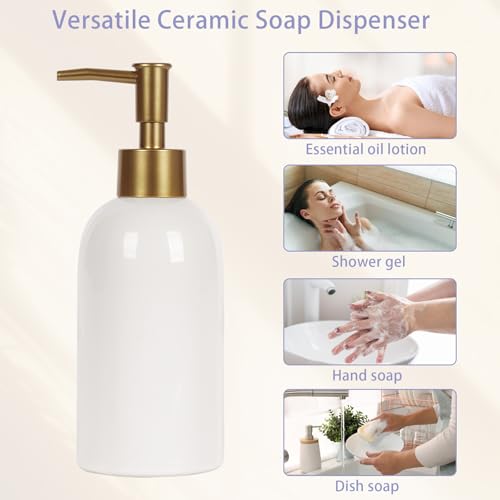 Natheeph 14OZ Ceramic Soap Dispenser Bathroom/Kitchen Can Fill Liquid-White | Ceramic Soap Pump Dispenser Bottle for Bathroom/Kitchen, Refillable Hand Soap, Dish Soap, Shampoo, Lotion etc. - color: White