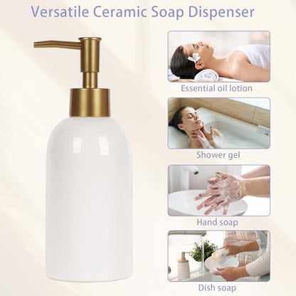 Natheeph 14OZ Ceramic Soap Dispenser Bathroom/Kitchen Can Fill Liquid-White | Ceramic Soap Pump Dispenser Bottle for Bathroom/Kitchen, Refillable Hand Soap, Dish Soap, Shampoo, Lotion etc. - color: White