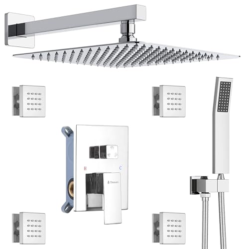 Full Body Rain Shower System with 4 Body Shower Jets & 12’’ Wall Mount Rainfall Shower Head & Handheld, DASAN Multi Shower Head System Chrome Rain Shower Faucets sets Combo with Rough-in Valve - color: Chrome