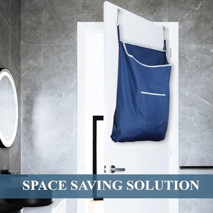 Fine Living Co. Large Hanging Laundry Hamper with Over Door Hooks & Adhesive, Durable Space Saving Laundry Bag with Zipper and Wide Open Top, Hanging Dorm Laundry Hamper (Navy Blue-XL) | Hanging Dorm Laundry Hamper with Over Door Hooks & Adhesive, Durable