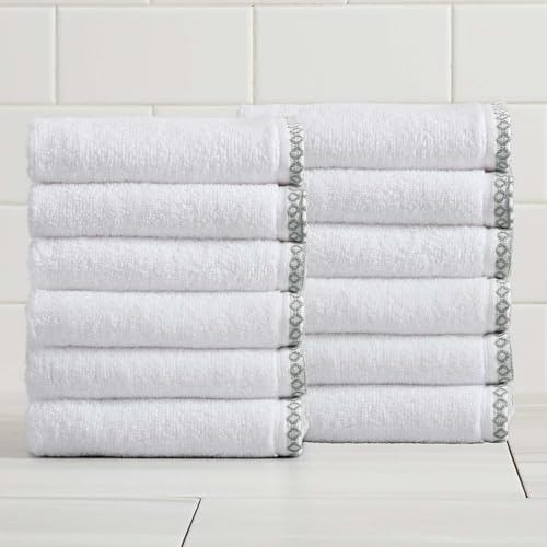 Great Bay Home White/Green Washcloth Set - Ultra-Soft Cotton, Boho-Chic Border Design - 12 Washcloths (13" x 13") - Absorbent, Quick-Dry, Lightweight Bathroom Towels - color: White / Eucalyptus, size: Washcloth (Pack of 12)
