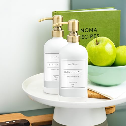 Vine Creations White Glass Soap Dispenser, 2 Pack Kitchen Soap Dispenser Set with Stainless Steel Pump, 16 oz Dish Soap and Hand Soap Dispensers for Bathroom with Waterproof Labels - color: Matte White Bottle / Brushed Brass Pump