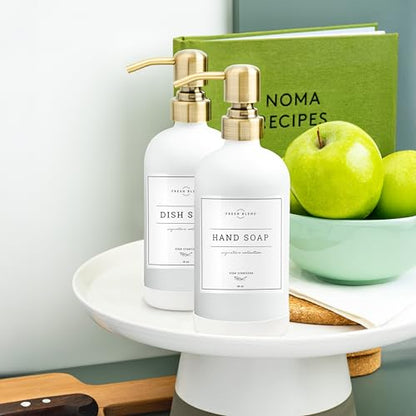 Vine Creations White Glass Soap Dispenser, 2 Pack Kitchen Soap Dispenser Set with Stainless Steel Pump, 16 oz Dish Soap and Hand Soap Dispensers for Bathroom with Waterproof Labels - color: Matte White Bottle / Brushed Brass Pump