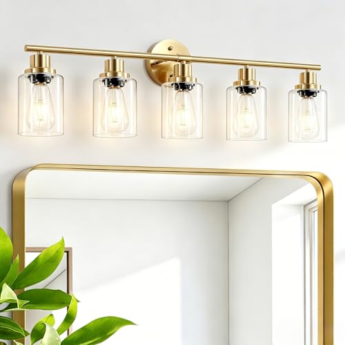 5-Light Bathroom Vanity Lights, E26 Modern Brushed Gold Bathroom Light Fixtures with Clear Glass Shade, Mirror Kitchen Hallway Cabinet Living Room Sconces Wall Lights - color: Gold & Clear Glass Shade, size: 31.4 Inch : 5-Light