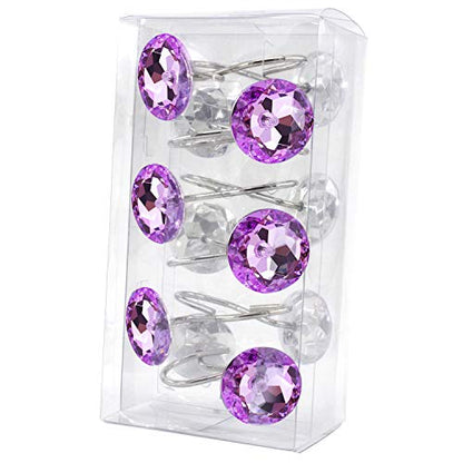 BEAVO Acrylic Fashion Decorative Home Rolling Purple Shower Curtain Hooks Rhinestones Bathroom Bath Baby Room Bedroom Living Room Decor Set of 12 Rings (Purple) | Diamond Crystal Decorative Shower Curtain Ring, Stainless Steel Rustproof Shower Hook Ring,