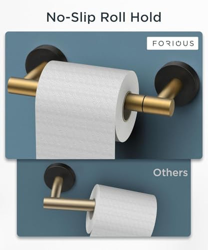 FORIOUS Commercial Toilet Paper Holder Wall Mount Bathroom Tissue Holder | Gold & Black | SUS304 Stainless Steel Rustproof | Double Post Pivoting Toilet Paper Roll Holder | Screw-In | Round Base - color: Brushed Gold & Matte Black