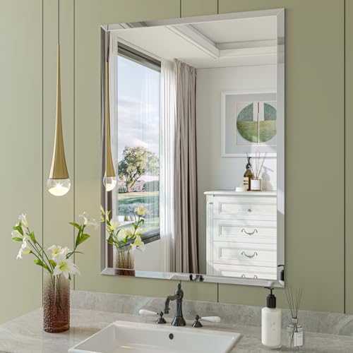 Frameless Bathroom Mirror, 22"x30" Beveled Bathroom Vanity Mirror | 15mm beveled edge, frameless, 5mm HD glass, anti-rust, french cleat, horizontally or vertically, for bathroom/bedroom - size: 22"L x 30"W