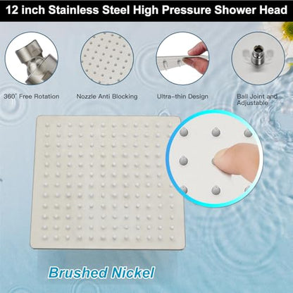 Midanya Shower Faucet Set with Handheld Sprayer,12 Inch,Brushed Nickel | Rough-in Shower Valve and Trim Kit Included,Square Rain Head,Wall Mount Shower System,All Metal,Bathroom - color: Nickel, size: 12 Inch
