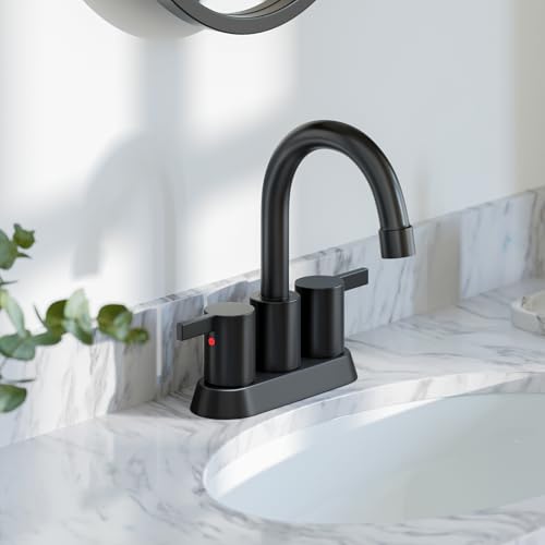 Phiestina 4 Inch 2 Handle Centerset Matte Black Lead-Free Modern Bathroom Faucet, 360 Swivel Spout 2-3 Hole RV Bathroom Vanity Sink Faucet with Pop Up Drain and Water Supply Lines,BF015-1-MB - color: Matte Black
