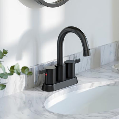 Phiestina 4 Inch 2 Handle Centerset Matte Black Lead-Free Modern Bathroom Faucet, 360 Swivel Spout 2-3 Hole RV Bathroom Vanity Sink Faucet with Pop Up Drain and Water Supply Lines,BF015-1-MB - color: Matte Black