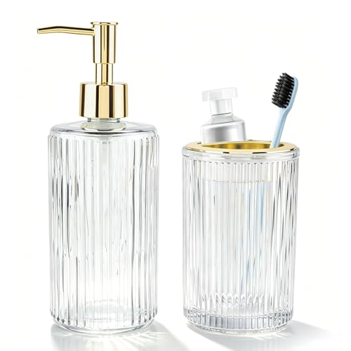Clear Glass Bathroom Accessories Set, Soap Dispenser and Toothbrush Holder | Elegant Bathroom Decor for Housewarming Gift - color: Clear, size: 2PCS
