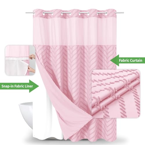 eachope No Hook Boho Farmhouse Shower Curtain with Snap-in Fabric Liner set-71Wx74H(72H),Pink Tufted Chevron Striped Hotel Grade Cloth Shower Curtains for Bathroom with Window,Water Repellent - color: Pink, size: 71"W x 74"L (Pack of 1)