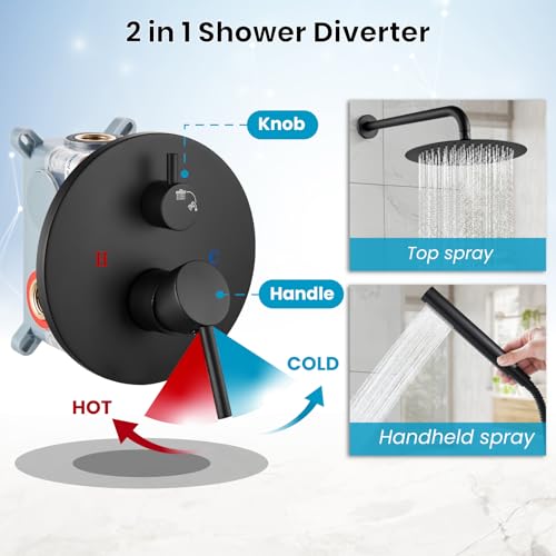gotonovo Shower Faucet Set with Rough-in Valve Trim Kit,Matte Black | 10 Inch Round Rain Showerhead with Handheld Spray,Bathroom Wall Mount Shower System Complete Combo,2-in-1 Diverter,All Metal - color: Black