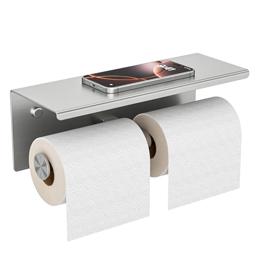 FORIOUS Toilet Paper Holder with Shelf, Commercial Toilet Paper Dispensers | Brushed Nickel | Wall Mount Bathroom Tissue Holder | SUS304 Stainless Steel Rustproof | Double Tissue Roll Holder - color: Stainless Steel