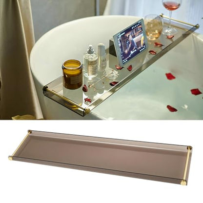 Acrylic Bathtub Tray Caddy, Clear Bath Shelf Tub Rack with Golden Handle | Transparent Black Luxury Bathroom Organizer Tablet Holder for Soap Perfume Skincare, Bath Accessory, Easy to Clean - color: Transparent Black With Handle