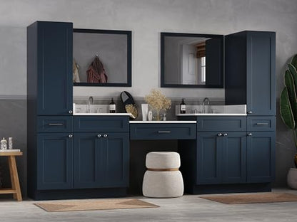 108" Double Sink Bathroom Vanity with Makeup Desk and Dual Linen Storage Towers, 3 Drawers, Carrara Quartz Top and Ceramic Sinks, Solid Wood Frame, 108" x 22" x 72" (Navy Blue) - color: Navy Blue