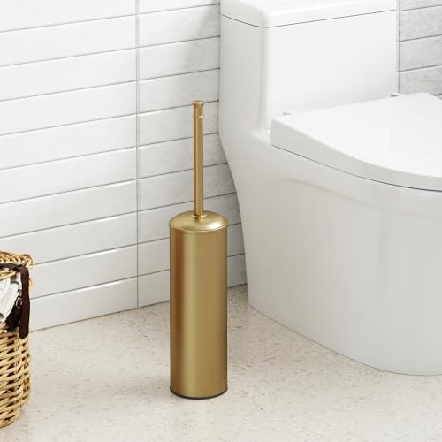 Toilet Brush and Holder, Toilet Cleaner Bowl Set with Two Brush with Extra Long Handle, Durable Bristles Toilet Scrubber and Covered Holder, Drip-Proof Stainless Steel Brushed Gold - color: Brushed Gold