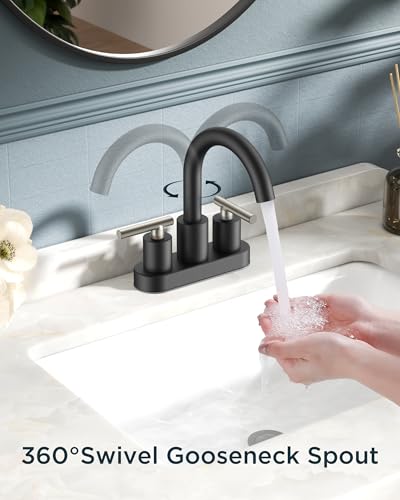FORIOUS 4 Inch Centerset Bathroom Sink Faucet Black and Brushed Nickel | Brushed Nickel and Black bathroom faucet 4 In, RV Sink Faucet Bathroom with Pop Up Dain, 24" Water Hose, 1.2gpm Spare Aerator - color: Stainless Steel&Black, style: Classic