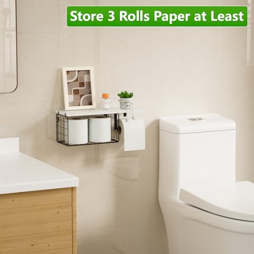 VITVITI Toilet Paper Holder with Shelf, Wall Mounted Storage Basket, White | Farmhouse Wall Mount Toilet Paper Holder Shelves, Wood Metal Toilet Roll Wipes Holder for Bathroom - color: White