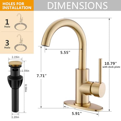 Gold Bathroom Faucets with Pop-Up Drain, Modern Single Hole Bathroom Sink Faucet with Deck Plate Single Handle Lavatory Faucets Brushed Gold Bar Vanity Faucet - color: Light Gold