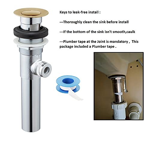 Sink Pop-Up Drain Stopper Assembly with Lift Rod and Overflow, Solid Brass Lavatory Pop Up Drain Assembly for Bathroom Vanity Sink, All Brass Construction (Polished Brass) - color: Polished Brass