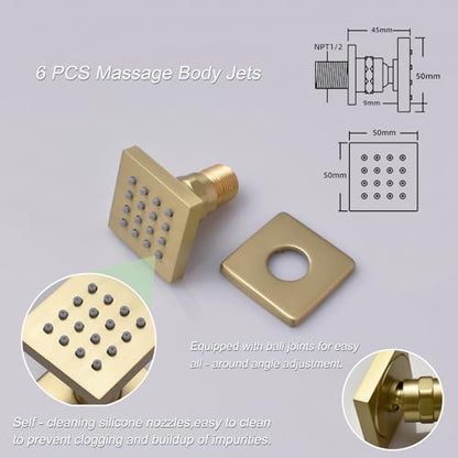 4 Way Thermostatic Shower Diverter System with 12 inch Shower Head and Tub Spout, Brushed Gold Bathroom Shower Faucet Set with 6 Body Jet and Handheld Spray - color: Brushed Gold, size: 12" Ceiling Shower