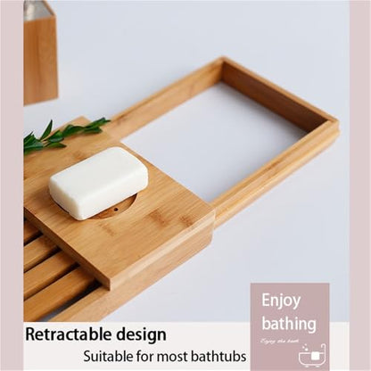 Expandable Bamboo Bathtub Tray with Book Stand, Bathtub Shelf with Wine Glass Holder and Grooves, Adjustable Bath Caddy for Tub Relaxation, Great Bath Caddy for Home Spa
