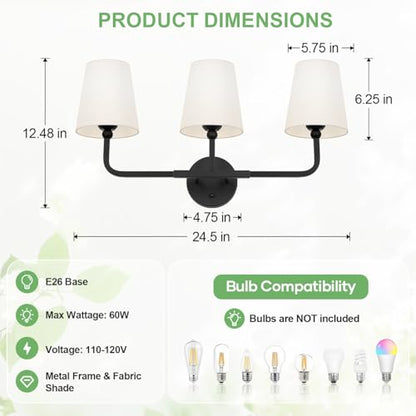 MOKATNG Bathroom Light Fixtures, 3-Light Matte Black Vanity Lights, Bathroom Lighting Fixtures Over Mirror with Flared White Fabric Shade, Modern Wall Sconces for Living Room Hallway - color: Matte Black & White Shade