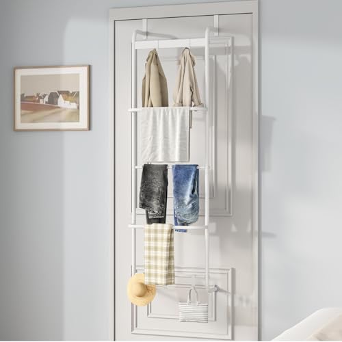 5 Tier Over The Door Towel Racks for Bathroom Wet Towel Drying Rack Clothing Storage Holder with Hooks (White, 5 Tier) - color: White
