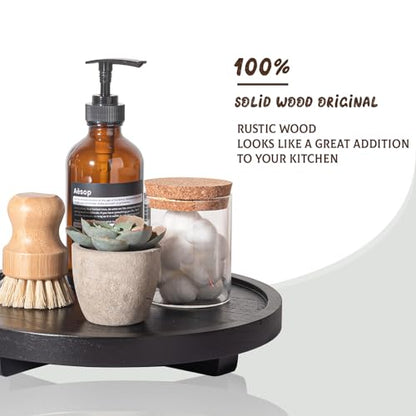 Round Decorative Tray Wood Bathroom Counter Organizer Farmhouse Kitchen Decor Wooden Riser for Soap Dish, Perfume, Candle, Sponge, 10" - Black | Waterproof, Lightweight, Easy Clean, Wood Riser Pedestal Stand Accessories for Office Desk, Vanity, Counter, S
