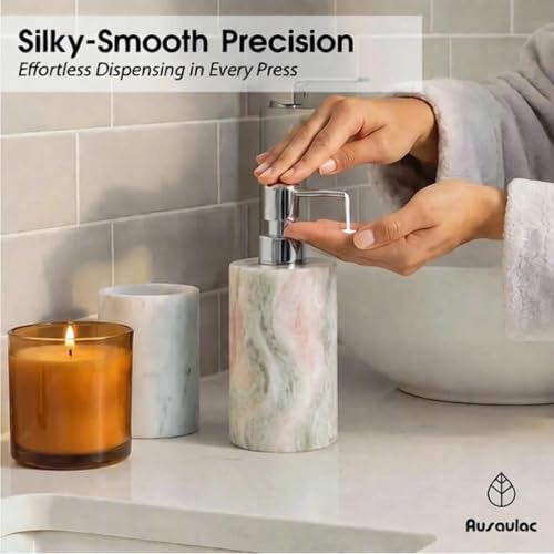Natural Marble Soap Dispenser, Round Stone Hand Soap Pump for Bathroom & Kitchen Countertop, Rust-Proof Stainless Steel Pump, Heavy Duty Refillable Lotion Dispenser (1, Jade Blossom) - color: Jade Blossom