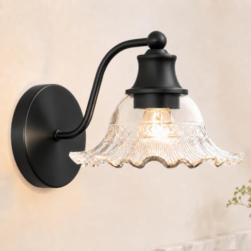 Matte Black Bathroom Wall Sconce Vintage Style, E26 Easy Mounted | Vanity Light with Flower Glass Shade, Bathroom Wall Lighting Fixture Beside Mirror, Easy Mounted for Bedroom, Hallway - color: Black, size: 1 light - B