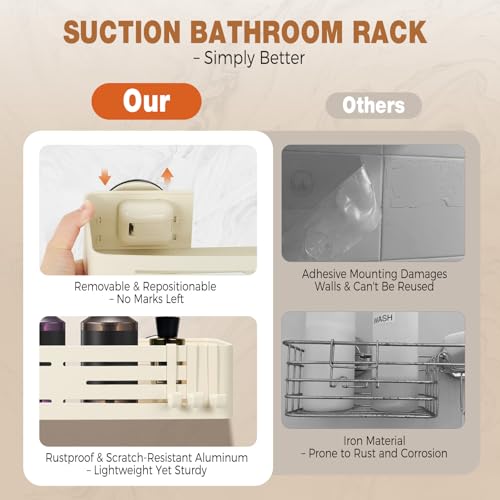Lekesky Suction Cup Shower Caddy, No Drill Shower Shelf, Aluminum Rust Proof Bathroom Shower Organizer with 12 Hooks, （2-Pack, Cream） - color: Cream