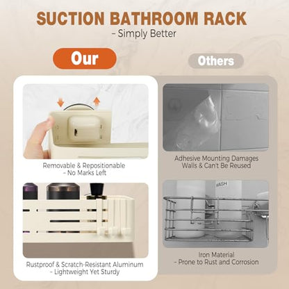 Lekesky Suction Cup Shower Caddy, No Drill Shower Shelf, Aluminum Rust Proof Bathroom Shower Organizer with 12 Hooks, （2-Pack, Cream） - color: Cream