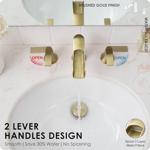 Brushed Gold Bathroom Faucet 3 Hole, 4-8 Inch Brass Widespread Waterfall Bathroom Sink Faucets with Pop Up Drain and cUPC Supply Line, 2 Handles for Vanity, Lavatory, Restroom, Apartment, Modern - color: Brushed Gold - Elegant
