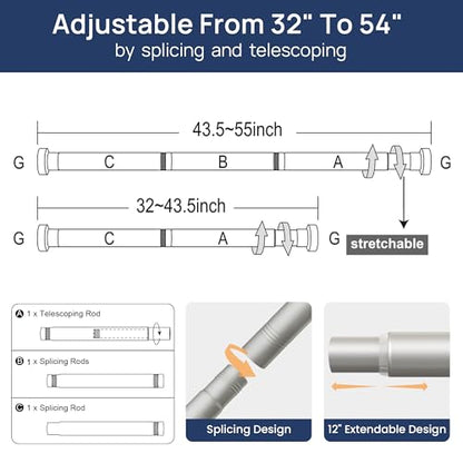 ENJOYBASICS 2 Pack Tension Curtain Rod, 32-54" Adjustable, Stable, Nickel | Secure Hold with Strong Spring & Non-Slip Ends, No-Drill, No Tools, Sag-Resistant, Waterproof, Fits Windows, Showers & Closet - color: Nickel, size: 32-54"