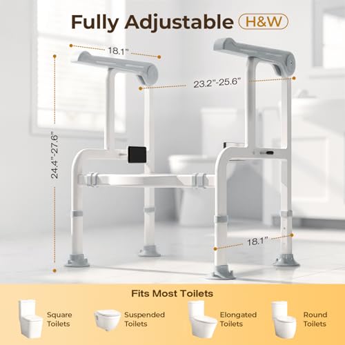 Toilet Safety Rails for Elderly & Disabled with Glow-in-the-Dark Handles, 450 lbs Heavy-Duty Frame, Flip-Up Arms, Dual Lock (Suction & Clamp), Adjustable No-Wobble Support, Grey - color: Gray