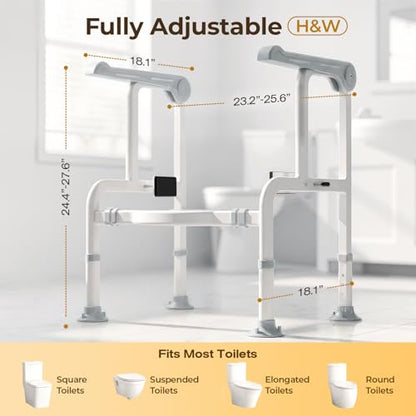 Toilet Safety Rails for Elderly & Disabled with Glow-in-the-Dark Handles, 450 lbs Heavy-Duty Frame, Flip-Up Arms, Dual Lock (Suction & Clamp), Adjustable No-Wobble Support, Grey - color: Gray