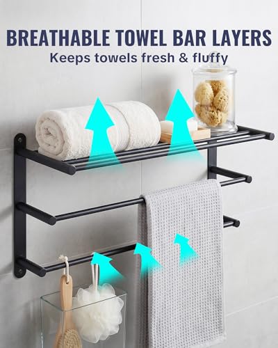 24 Inch Towel Racks for Bathroom: Matte Black Bathroom Towel Rack with Double Towel Bar Wall Mounted - SUS304 Stainless Steel Bath Towel Bar with Shelf for Hotel Lavatory - color: Matte Black