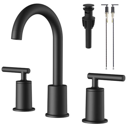 VXV Matte Black Bathroom Faucet 3 Hole Widespread with Easy Installation, 2-Handle 8 Inch Bathroom Sink Faucet 360° Swivel Spout, Pre-Attached Hoses & Drain Included, Vanity Faucet for Bath Sink - color: Luxury Matte Black