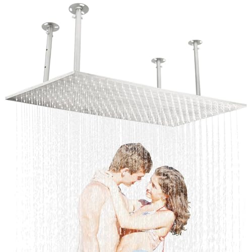 16" x 32" Luxury High Pressure Rain Shower Head, Ceiling Mount Rectangle Rainfall Showerhead with Silicone Nozzles Full Body Fixed Showerheads For Modern Bathroom, Brushed Nickel Plated Finish - color: Brushed Nickel, style: Rainfall(One Function)
