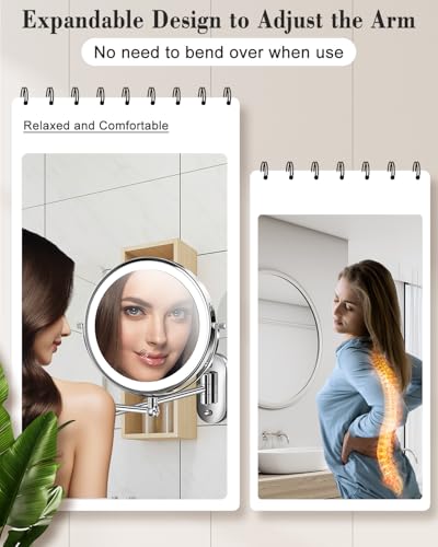 20X 9" Wall Mounted Magnifying Makeup Mirror with Light Height Adjustable | 5000mAh Double Sided Rechargeable LED Lighted Vanity Mirror with Magnification 3 Color Light up Extended Arm 360 Rotation - color: 9inches-chrome