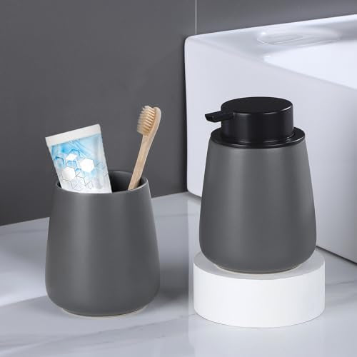 12Oz Hand Soap Dispenser - 2 Pack Ceramic Liquid Soap Dispenser Set | Lotion Dispenser with Easy-to-Press Pump, Reusable and Refillable Mordern Dish Soap Dispenser for Bathroom & Kitchen, Grey - color: Grey Liquid Dispenser