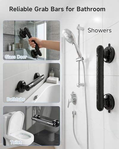 Upgraded Suction Shower Handle with Anti-Slip, Black | 2 Pack Grab Bars for Shower and Bathroom, Heavy Duty Removable Safety Grip Handrails Grab Bars for Bathtubs, No Drilling - color: Black