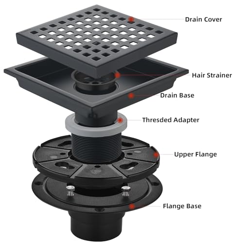 6 Inch Square Shower Drain with Flange,Matte Black，Quadrato Pattern Grate Removable,Food-Grade SUS 304 Stainless Steel，with Hair Strainer - color: 6-inch Matte Black
