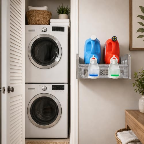 Wooden Wall Mount Laundry Detergent Holder, Rustic Gray | Farmhouse Wooden Organizer, Holds 2 Detergent or Softener Bottles, Laundry Room Storage - color: Rustic Gray